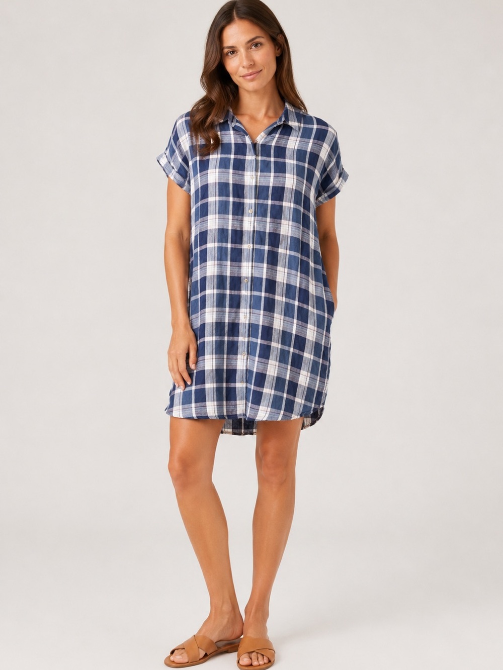 Bridge and Burn 100% Linen Plaid Mini Shirt Dress Medium
